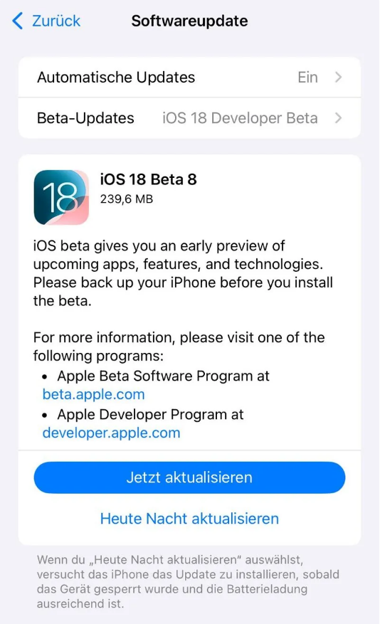 威信苹果手机维修分享苹果 iOS / iPadOS 18 开发者预览版 Beta 8 发布 